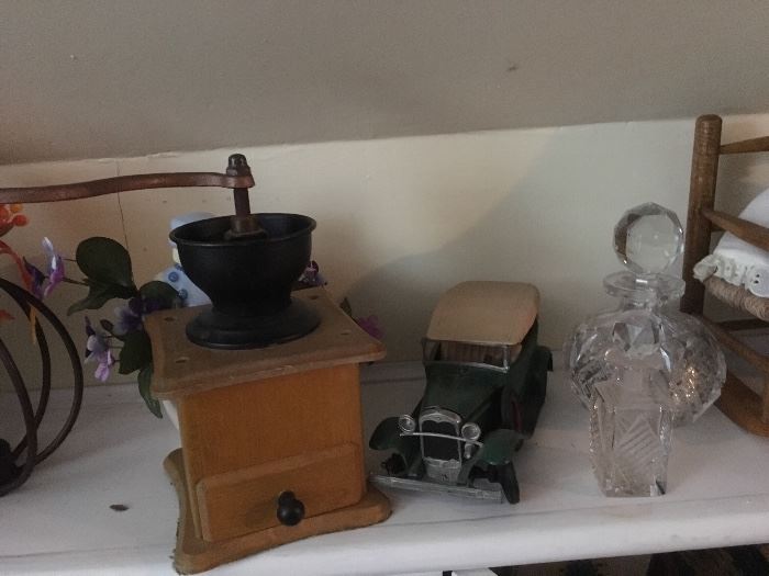 Early American Coffee grounder, antique metal car, and glass perfume bottle