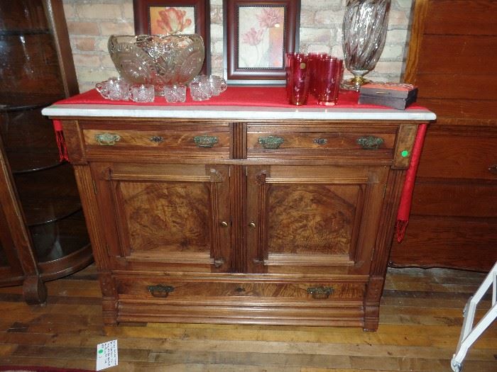  Antique Eastlake Victorian period Black walnut sideboard with Burlewood doors and marble top-circa 1870s 