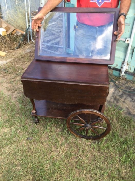 Vintage Wood Tea Cart with removable glass serving tray