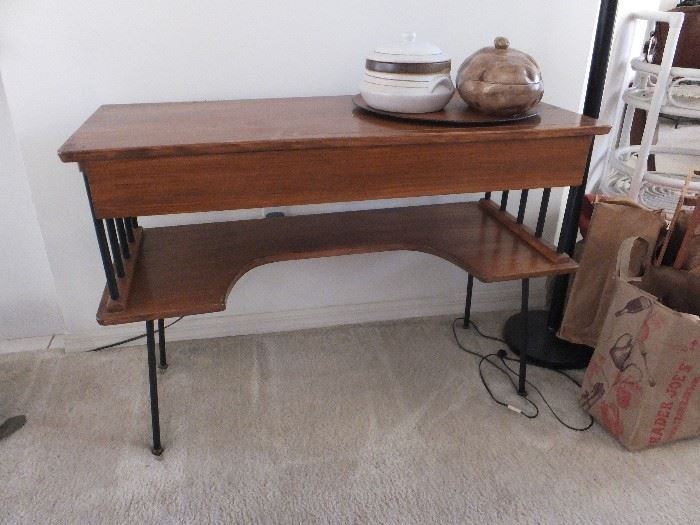 Mid Century Modern entry/sofa table with wrought iron legs and a drawer 