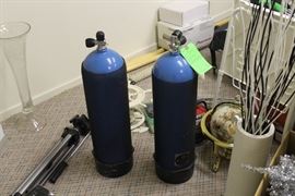 scuba tanks, camera stand, faux plants