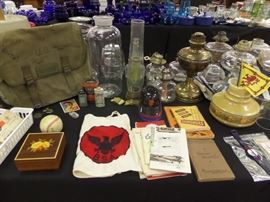 collectibles - hurricane lamps - western stoneware - bubble gum & peanut dispenser - scouting patches & books - US Air Core back pack - & other unique pieces