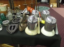 vintage & antique kitchen supplies - MO state park patches - insulators - 6 Juice O Matic's -  