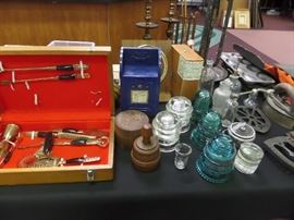 vintage & antique kitchen supplies - MO state park patches - insulators - 6 Juice O Matic's -  