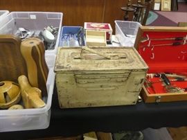 50 cal. ammo boxes - vintage & antique kitchen supplies - MO state park patches - insulators - 6 Juice O Matic's -