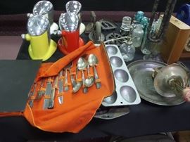 vintage & antique kitchen supplies - MO state park patches - insulators - 6 Juice O Matic's -