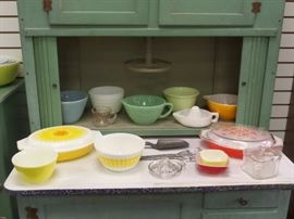 vintage pyrex & Hoosier Cabinet 