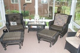 Wicker rockers, ottomans, marble top wicker table