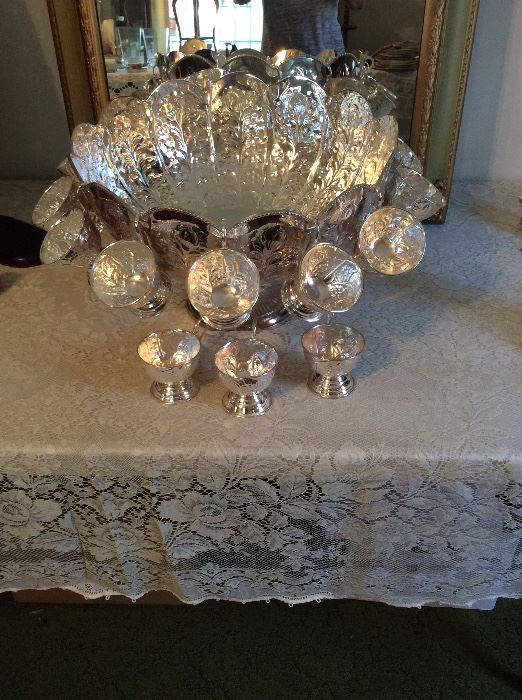 Silver plate punch bowl and 12 cups