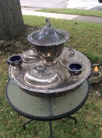 Sheffield silverplate Lazy Susan Victorian server over warming welll. Complete.