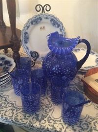 Cobalt blown pitcher with ruffled lip. 6 glasses