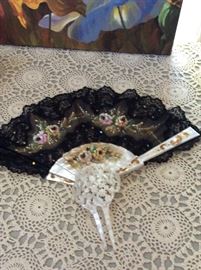 Mother of pearl and painted lace fan with mother of pearl comb