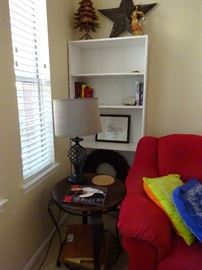 copper top table and bookcases