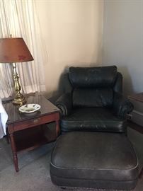 Vintage Leather Chair with Ottoman, End Table and Lamp
