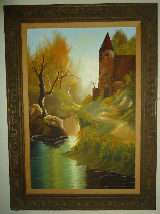 Large vintage painting, unsigned, back of frame marked Mexico