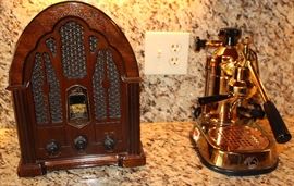 Brass Espresso Maker and repro radio