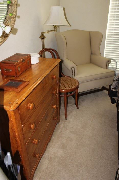 Antique pine Chest of Drawers, floor lamps, side chairs and home accessories 
