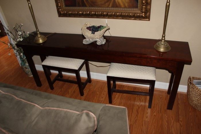 Entry, Alter, Sofa Table with benches upholstered in white