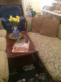 Blue recliner; rectangular coffee table; chaise lounge