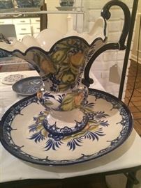 Gorgeous blue, white, and yellow ewer and matching platter