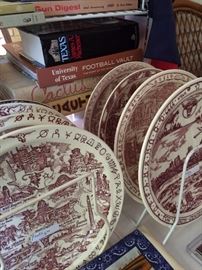 Brown & white dishes depicting Texas life