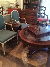 Matching Provincial chairs; round coffee table