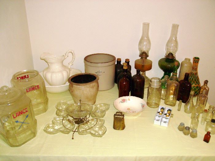 Antique & vintage bottles, stoneware, pitcher & bowl, vintage Lance retail display jars