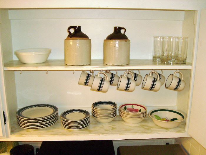 Full set of dishes, glasses, vintage bowls, antique crock stoneware moonshine jugs