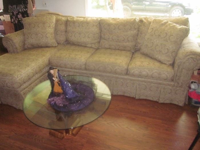 Sofa w/chaise lounge, Glass top coffee table 