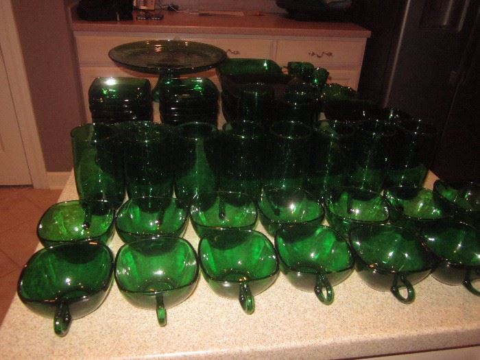 Green glassware, cups, lunch set  