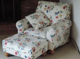 One of a PAIR of upholstered chairs with (one) ottoman