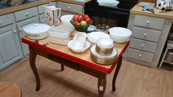 Red and white enamel top table, Fire King Swirls dishes, Fire King Refrigerator dishes, perculator.