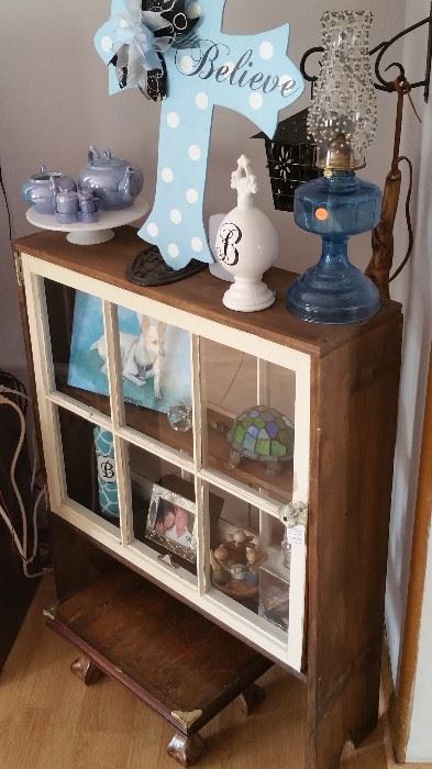 Hand made window cabinet, foot stool, miscellaneous decor.