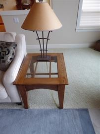 049 one of 2 lamps, 3 pc oak and glass set.