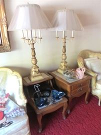 Pair of chandelier lamps. Pair of French Provincial end tables