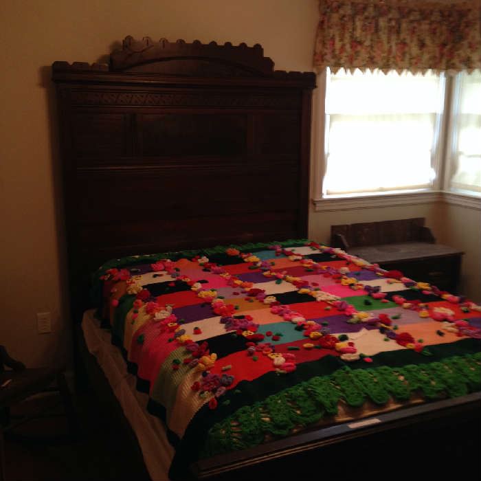 Eastlake bed, mattress, box spring and marble top washstand