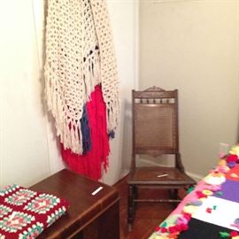 Lane cedar chest, Eastlake rocker and vintage crochet shawls