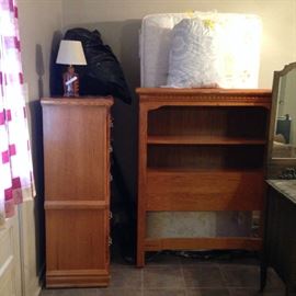 Basset Oak Chest of Drawers, Twin Bookcase Headboard w/rails and extra long mattress/boxspring