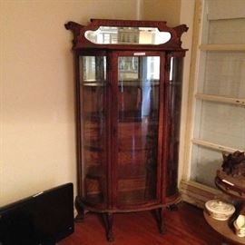 Tiger Oak China hutch with Spaniel motiff