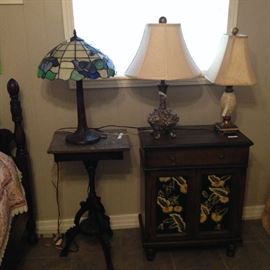 Lamps, Antique marble top parlor table and small console cabinet