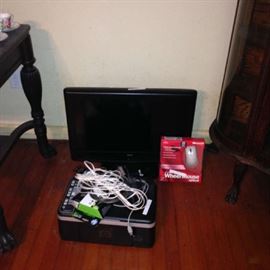 Flat screen RCA TV, HP printer and Mouse