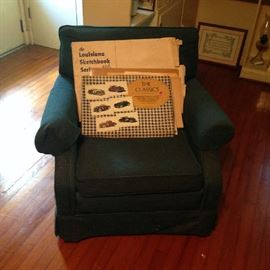 Two Ethan Allen Club Chairs, one is blue and one is olive green