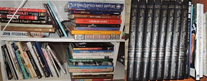 books: old to new.  Coffee table, cook books, celebrity, Cars, politics