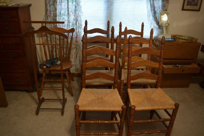 Rush woven dining chairs (six available, sold in pairs). A clothes butler and one Windsor chair.