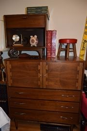 Lane Mid Century Modern Chest of Drawers and night stand (there are two night stands). Books on top of night stand are entitled "The Cord" by Joshua B. Malks; (one copy is a signed first edition in mint condition. )