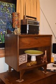 Mid Century Modern night stand, super fun lamp and Zenith Trans-Oceanic All Transistor Radio (Royal 1000-D)