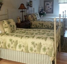 matching twin beds with mattress sets, bedding. Palm tree accessories