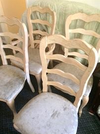 White oak French country dining table and six chairs