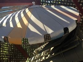 Large 1960s aluminum umbrella with table -- Decent condition except for paint