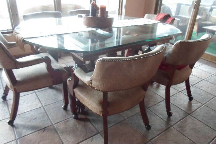 vintage dining table base w/ large glass top & 6 chairs